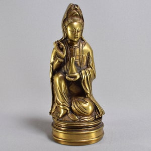 Vintage Cast Brass Seated Robed Guanyin Holding The Elixer Of Life Vase | 20th Century