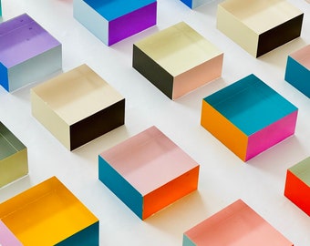 Packs of hand crafted clear blocks for wall decor, colored on 3 sides | cube art | 3d geometric wall art | Bold, happy & minimalist art