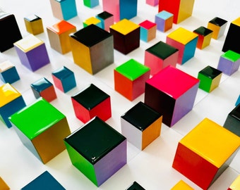 Hand Painted Wood Cube Mosaic Wall Art with Epoxy Resin