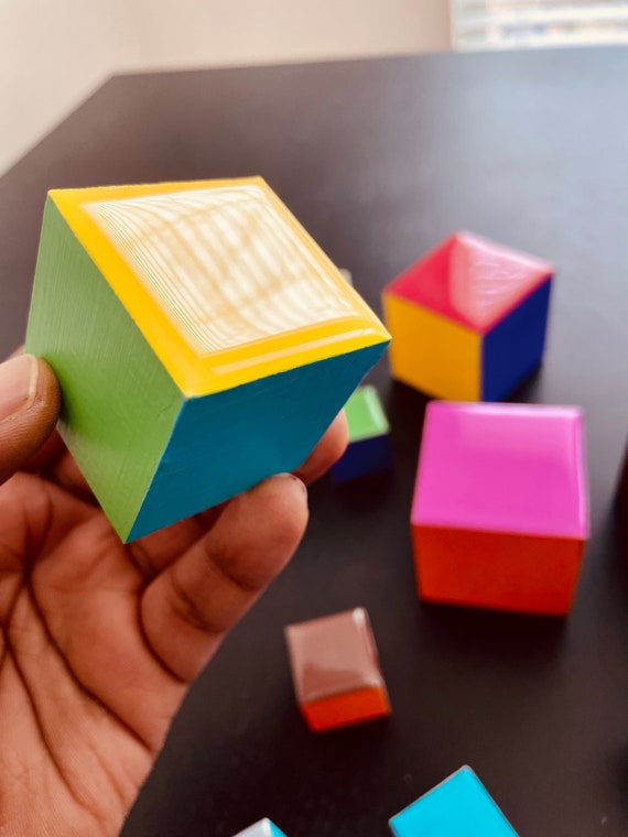3D Wooden Wall Art Cubes: Geometric Painted Blocks, Resin Finish