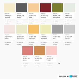 Pode incluir: Um gr&aacute;fico de paleta de cores com amostras de cores Pantone. O gr&aacute;fico inclui cores como Lemon Icing, Gunmetal, Impala, Red Dahlia, Golden Cypress e Summer Shower, com seus nomes e c&oacute;digos.