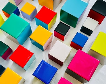 Hand Painted Wooden Cube Wall Art: 3D Geometric Decor, Set of 50