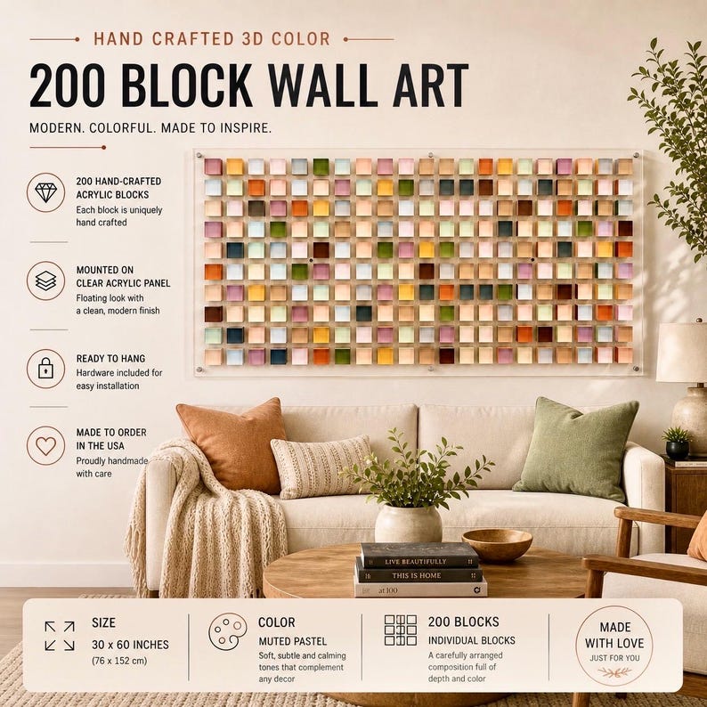 Pode incluir: Uma grande obra de arte de parede retangular com 200 blocos de acr&iacute;lico artesanais em cores pastel suaves. A obra, medindo 76 x 152 cm, &eacute; montada em um painel de acr&iacute;lico transparente. Pronta para pendurar.