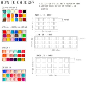 May include: Diagram showing panel size options with dimensions in inches. Includes color options with various colored squares. Text reads: "HOW TO CHOOSE?" and instructions to select size and mention color option.