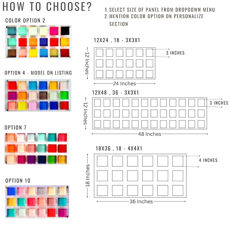 May include: Diagram showing panel size options with dimensions in inches. Includes color options with various colored squares. Text reads: "HOW TO CHOOSE?" and instructions to select size and mention color option.