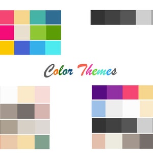 May include: A visual guide to color themes, showcasing different color palettes. The themes include vibrant, neutral, grayscale, and assorted colors. Each theme is displayed as a grid of color swatches.
