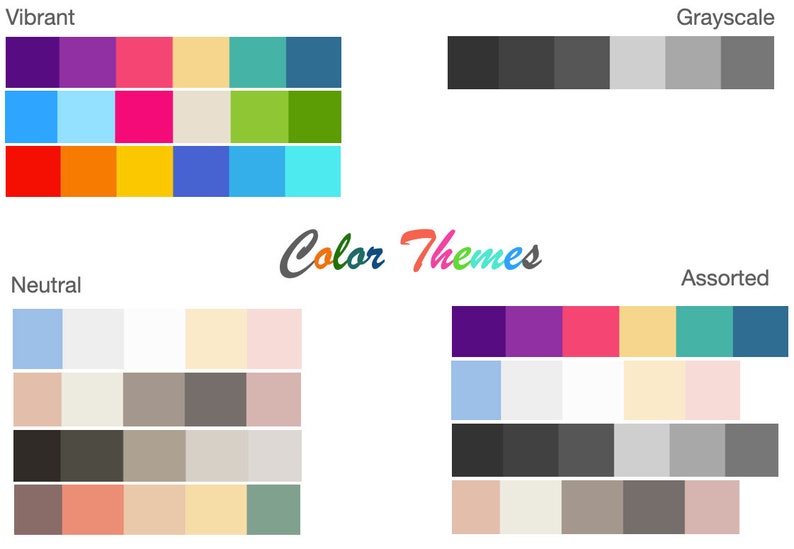 May include: A visual guide to color themes, showcasing different color palettes. The themes include vibrant, neutral, grayscale, and assorted colors. Each theme is displayed as a grid of color swatches.
