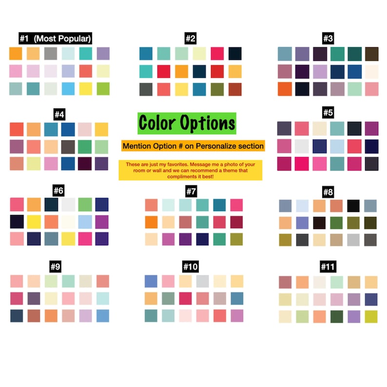 May include: An image displaying eleven colour palette options, each numbered and featuring a grid of various colours. Text includes "Color Options" and instructions to mention the option number.