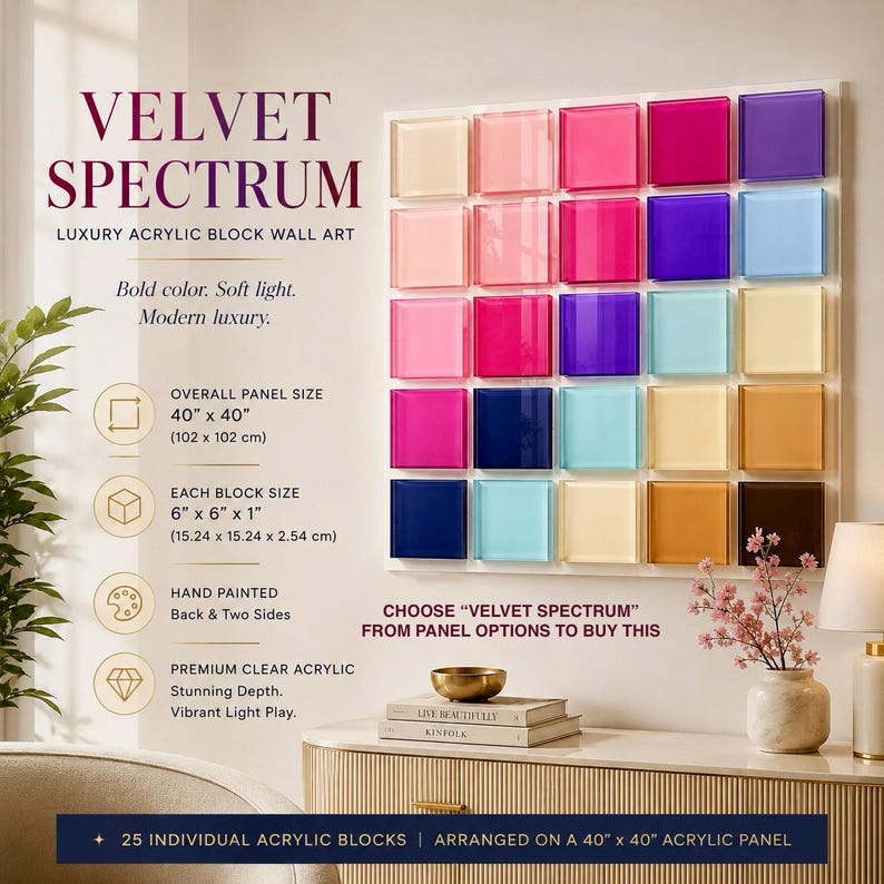 May include: A "Velvet Spectrum" acrylic block wall art piece. It features 25 hand-painted blocks in a range of colours, arranged on a 102cm x 102cm panel. Each block is 15.24cm x 15.24cm x 2.54cm. The art is described as luxury and modern.