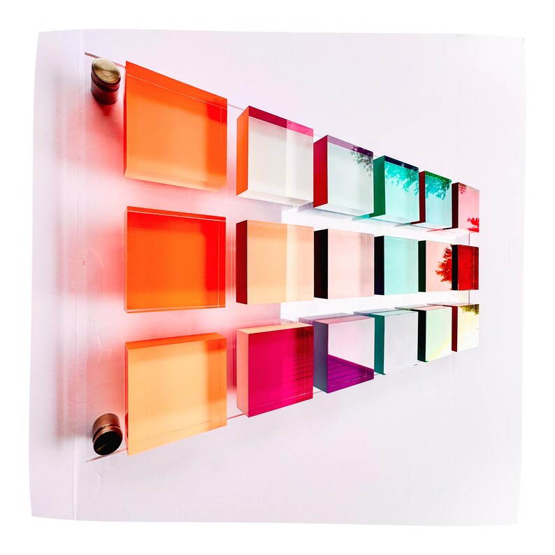 Acrylic panel with bright & clear colored blocks | Choose from 3 size options | 3d wall art sculpture | Bold and happy art installation