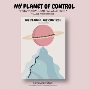 以下が含まれることがあります： 「私の惑星、私のコントロール」というタイトルの印刷可能なワークシート。ピンクの惑星が描かれており、周りにリングがあります。惑星には「私の惑星にあるものはすべてコントロールできる」というテキストが書かれています。惑星は青い山のてっぺんにあり、山には「私のコントロールの外にあるもの」というテキストが書かれています。このワークシートは@ChildWellbeingToolsから提供されています。