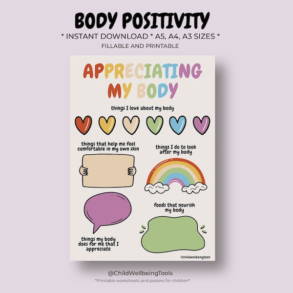 Body Positive Printable Worksheet Kids Planner Journal Insert Template Children Social Work Aid Teacher Tools Therapy School Counselor Print