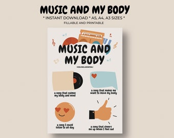 Fiche d'exercices sur la musique et le corps pour les enfants, émotions imprimables (téléchargement numérique)