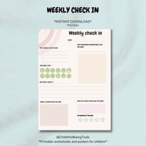 May include: Printable weekly check-in sheet with sections for top 3 things done this week, how you felt this week, what you want to do next week, most rewarding interaction, best thing about the week, and a rating of the week. The sheet has a pink and white color scheme with a whimsical design.