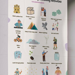 May include: A colourful chart with illustrations of twenty free family wellbeing activities. The activities include building a pillow fort, creating a treasure hunt, going to the museum, making a board game, listening to music, camping in the living room, nature spotting, arts and crafts, riding a bike, finding shapes in clouds, making a daisy chain, exploring, looking through photos, planting seeds, a family talent show, making an appreciation jar, cooking together, stargazing, playing hide and seek, and making up your own story.