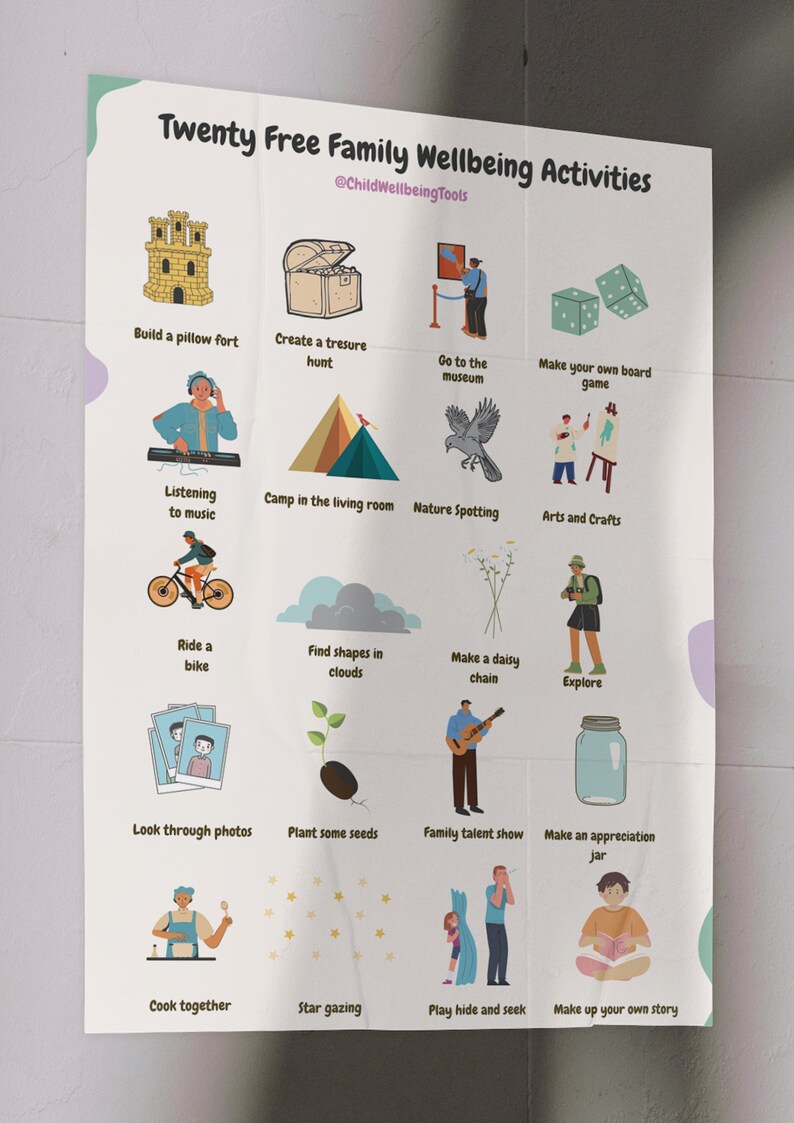 May include: A colourful chart with illustrations of twenty free family wellbeing activities. The activities include building a pillow fort, creating a treasure hunt, going to the museum, making a board game, listening to music, camping in the living room, nature spotting, arts and crafts, riding a bike, finding shapes in clouds, making a daisy chain, exploring, looking through photos, planting seeds, a family talent show, making an appreciation jar, cooking together, stargazing, playing hide and seek, and making up your own story.