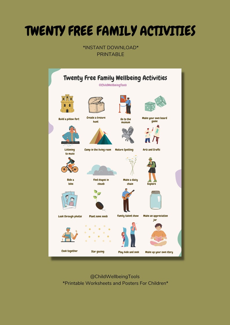 May include: A printable poster featuring illustrations of twenty free family activities, including building a pillow fort, visiting a museum, and stargazing. The poster is designed to encourage family wellbeing and includes the text "Twenty Free Family Wellbeing Activities" and "@ChildWellbeingTools".