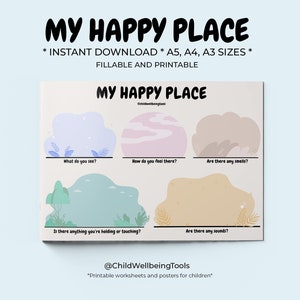 MY HAPPY PLACE 印刷可能なワークシート 子供向けポジティブジャーナル挿入テンプレート ツール ソーシャルワーク セラピー スクールカウンセラー