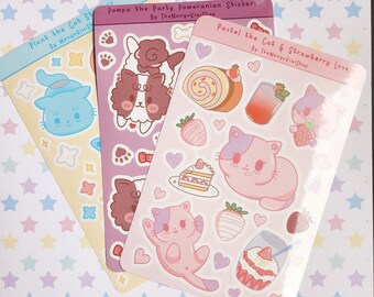 Kawaii Sticker Sheet Pack of 3, Pastel the Cat, Pompa the Pomeranian, and Plant the Cat Sticker Sheets, Cute Waterproof Sticker Sheets