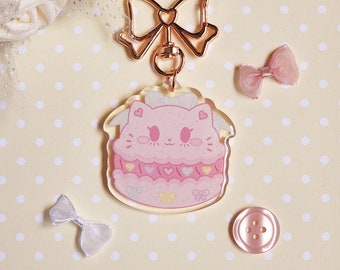 Pastel Cat Macaron Keychain: Kawaii Glitter Charm with Rose Gold Bow