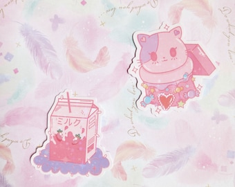 Pastel Cat & Strawberry Milk Stickers: Holographic Waterproof Vinyl