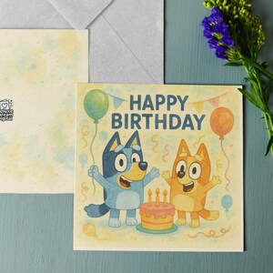 Cartão de Aniversário Bluey e Bingo para Imprimir – Cartão Digital para Download Instantâneo | Cartão Divertido de Festa Bluey para Crianças e Adultos