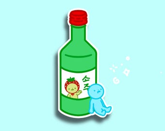 May include: A green glass bottle with a red cap and a strawberry character on the label. The bottle says "Soju" on the label. A blue cartoon character is next to the bottle.