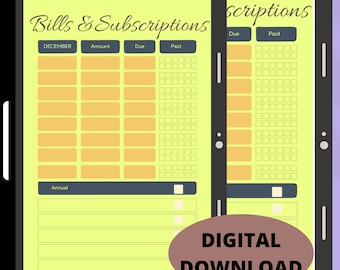 Rastreador de pagos de facturas / Lista de verificación de pagos de facturas / Registro de facturas mensuales / Pago de suscripción / Imprimible / Carta A4 A5 Classic Happy Planner