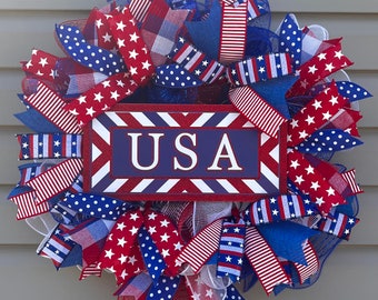 Red White & Blue Wreath, RWB Mesh Wreath, Front Door Wreath, Home Decor, Patriotic Wreath, Armed Services Funeral Wreath, Deco Mesh Wreath