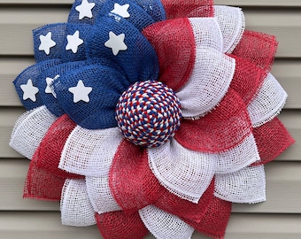 Red White & Blue Wreath, RWB Mesh Wreath, Front Door Wreath, Flower Wreath, Patriotic Wreath, Armed Services Wreath, Deco Mesh Wreath