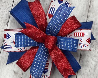 Patriotic Wreath Bow,Summer Wreath Bow, Patriotic Bow, Swag Bow, Lantern Bow, Summer Decoration, Wreath Embellishment, Red White Blue Bow