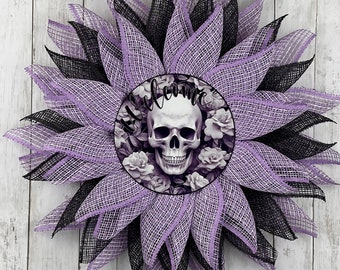 Halloween Wreath for Front Door, Skull Wreath, Welcome Wreath, Halloween Decor, Halloween Decoration, Halloween Mesh Wreath, Flower Wreath