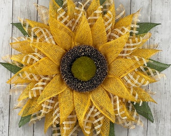Sunflower Mesh Wreath for Front Door, Summer Farmhouse Wreath, Yellow Green Rustic Decor, Sunflower Door Hanger, Outdoor Welcome