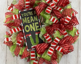 Christmas Wreath for Front Door, Green Monster Wreath, Christmas Decor, Christmas Decoration, Christmas Deco Mesh Wreath, Deco Mesh