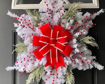 Christmas Wreath for For Front Door, Christmas Decor, Christmas Wreath, Holiday Wreath, Red Christmas Wreath, Snowflake Wreath, Red Velvet