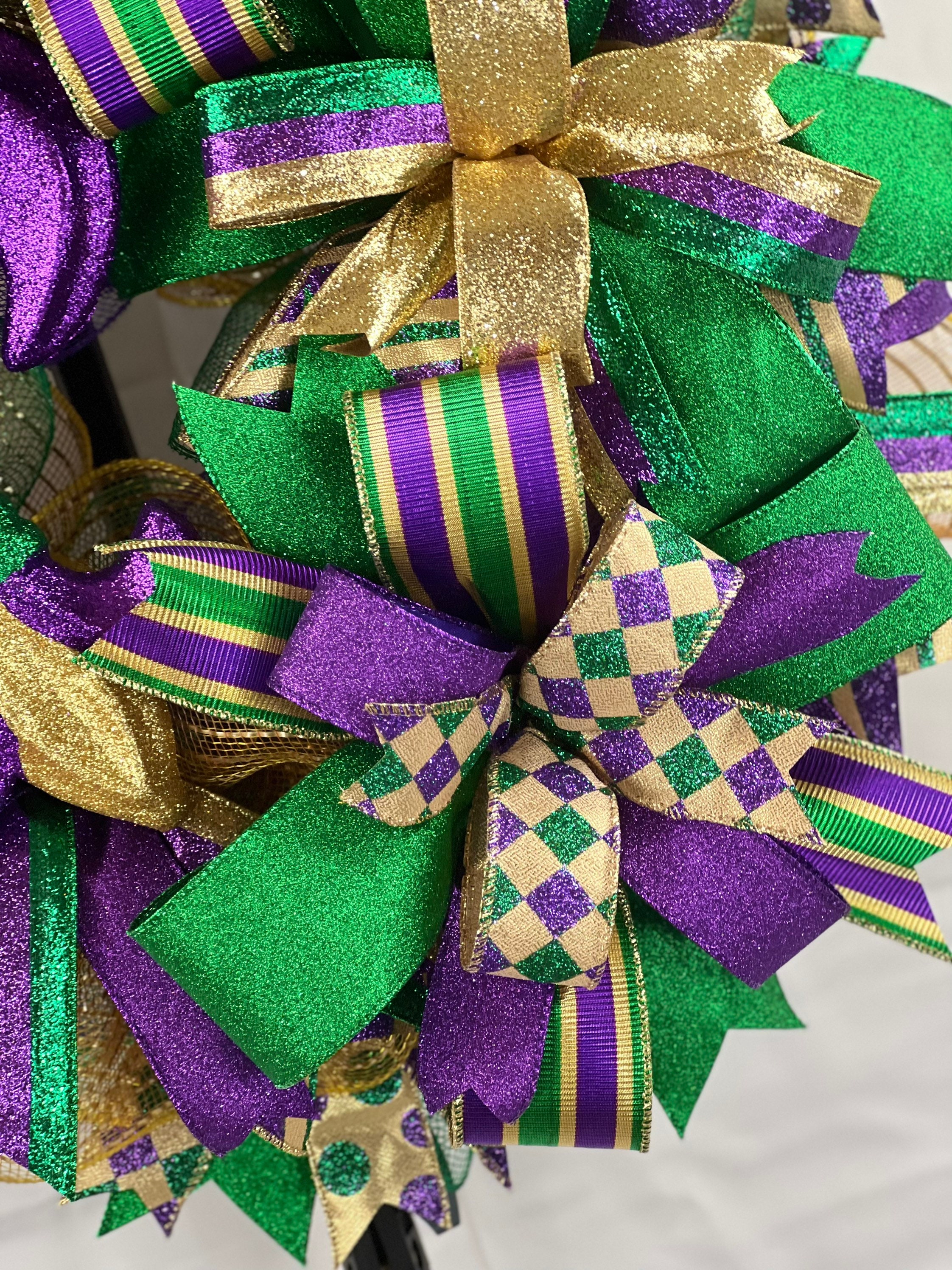 Mardi Gras Pattern Wired Ribbon - 2 1/2 x 10 Yards, Glitter Masks, Green,  Purple, Gold, Carnival Decor, Flloat, Garland, Gifts, , Wreath, Bows 