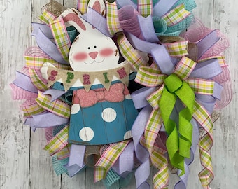 Spring Bunny Wreath for Front Door - Easter Wreath with Polka Dot Dress, Pastel Ribbons, Mesh Wreath, Cute Farmhouse Decor