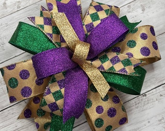 Mardi Gras Wreath Bow, Mardi Gras Bow, Mardi Gras Swag Bow, Mardi Gras Lantern Bow, Mardi Gras Decoration, Wreath Embellishment