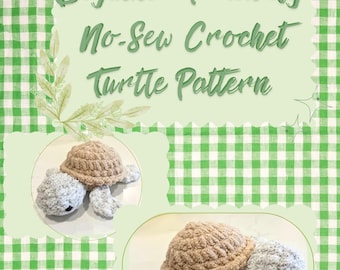 May include: Beginner-friendly no-sew crochet turtle pattern. Two crocheted turtles are shown in the image, one on a white background and one on a green and white checkered background.