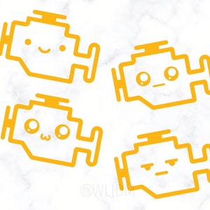 Może przedstawiać: Cztery żółte ikony kontrolki silnika w stylu kreskówkowym z różnymi wyrażeniami twarzy. Ikony znajdują się na białym marmurowym tle.