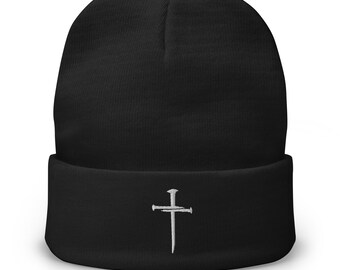 Nail Cross Embroidered Beanie Christian 