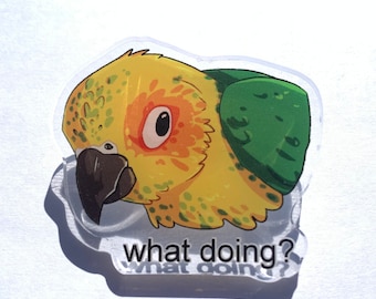 May include: A yellow and green parakeet with a black beak and orange markings around its eye. The parakeet is looking to the left and the text "what doing?" is printed below the parakeet.