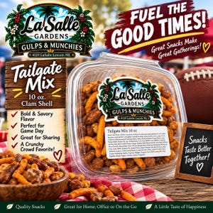 May include: A clear plastic clamshell container filled with La Salle Gardens Tailgate Mix, a blend of orange corn sticks and brown roasted nuts. The label displays the brand name, 10 oz. weight, and a detailed list of ingredients and nutritional info.