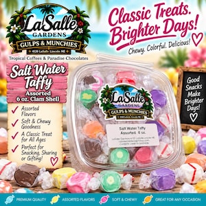May include: A clear plastic clamshell container filled with assorted salt water taffy in various colors including pink, green, purple, orange, and brown. The label reads LaSalle Gardens Gulps & Munchies Salt Water Taffy Assorted 6 oz. Clam Shell.