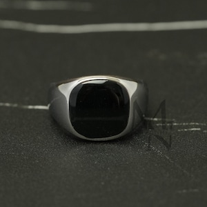 Zilveren onyx zegelring, zilveren zegelring voor mannen, roestvrijstalen ring, zwarte onyx ring, minimalistische herenring, cadeau voor hem