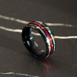 Jonc noir en cristal Blaze, opale de feu et incrustation rouge, bague personnalisée à graver, 8 mm anniversaire et mariage, simple pour homme, cadeau pour lui