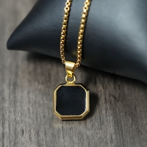 Gouden onyx ketting kettinghangers, herenketting hangers, zwarte onyx stenen sieraden, gepersonaliseerde sieraden, vierkante onyx ketting