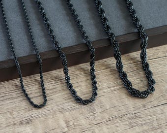 Rope Chain Necklace Black, Chain Mens Black Rope 3mm 5mm 7mm 45cm to 60cm, Mens Stainless Steel Chain Mens Jewellery, Gift for Him