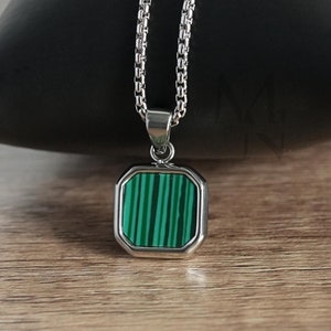 Zilveren malachietketting kettinghangers, herenkettinghangers, groene stenen sieraden, gepersonaliseerde sieraden, vierkante malachietketting