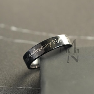 Custom Simple Black Stainless Steel Ring, Personalised Outer Ring Engraved 6mm Band, Minimalist Mens Jewellery, Gift for Him